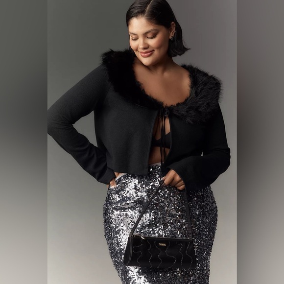 NWT! Maeve Faux-Fur Collar Crop Cardigan Sweater - Size Medium 🏀 - Picture 5 of 12